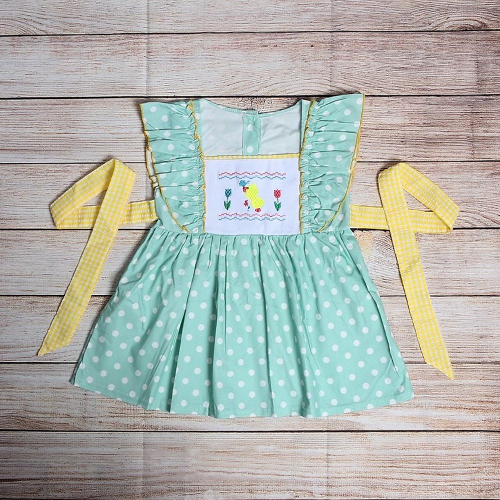 Boutique Embroidered Duck Easter Chick Girls Sleeveless Ruffle Dress